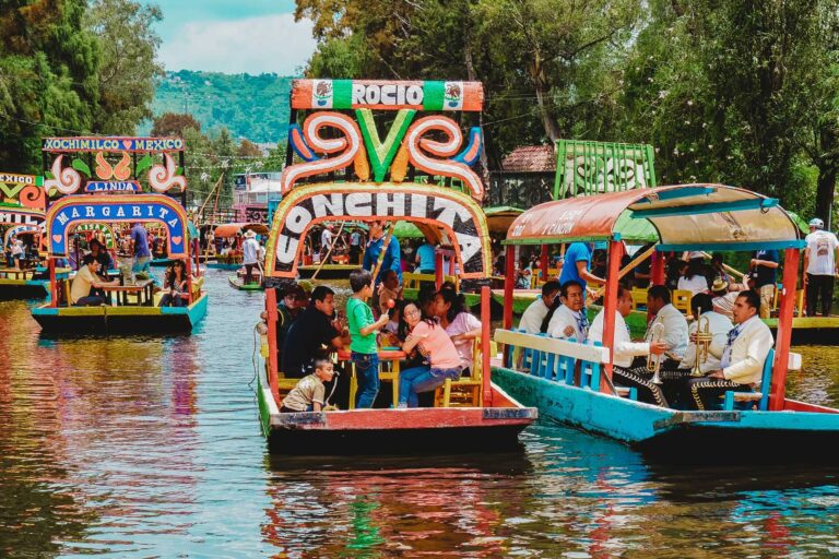 Colorful trajineras on the canals of Xochimilco in Mexico City