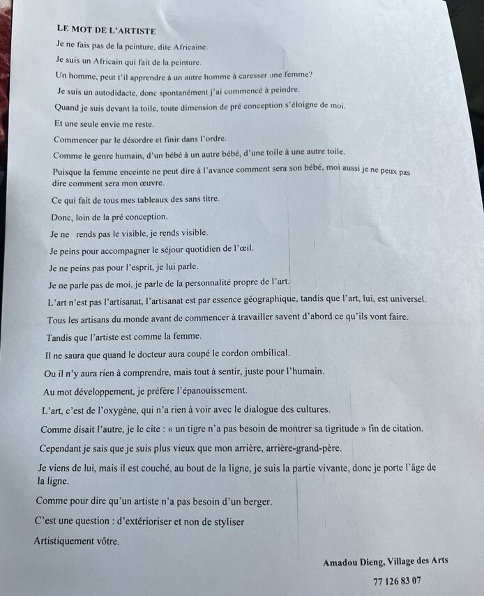 Message from a Senegalese artist shared during a local art visit