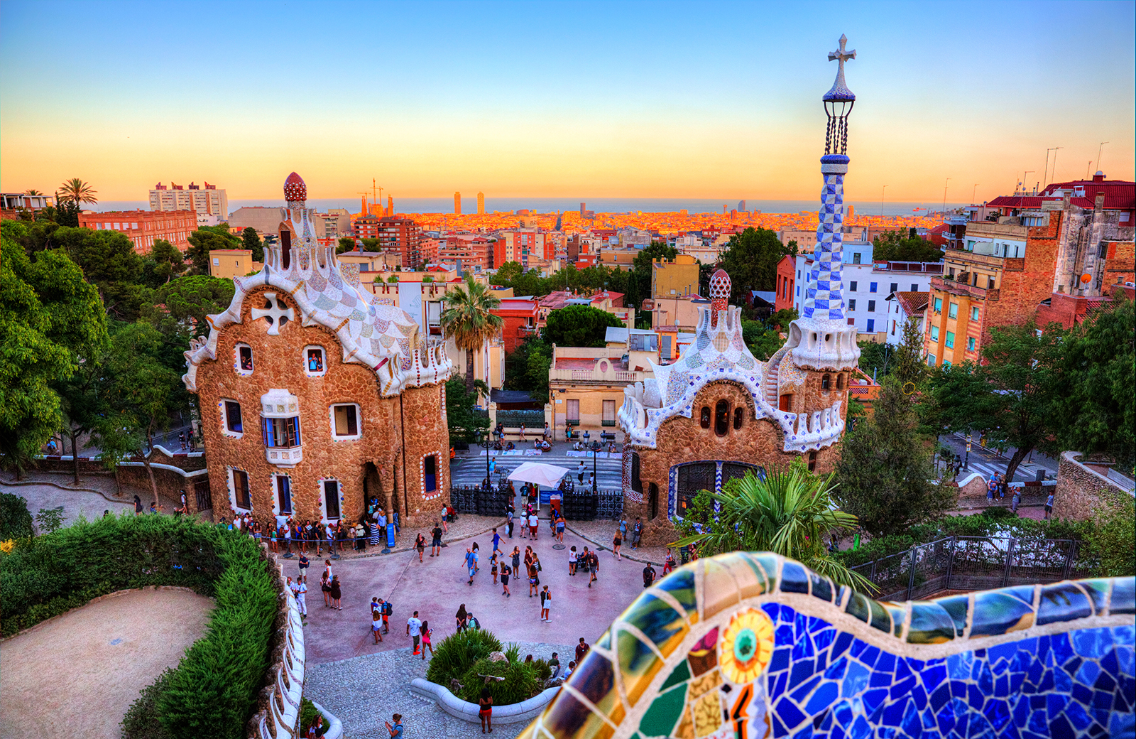Spain-Barcelona-Gaudi-Parque-Guell-with-City-in-background-sunset