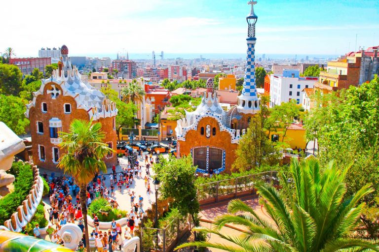 Spain-Barcelona-Parque-Guell-aerial-sunny-skyline